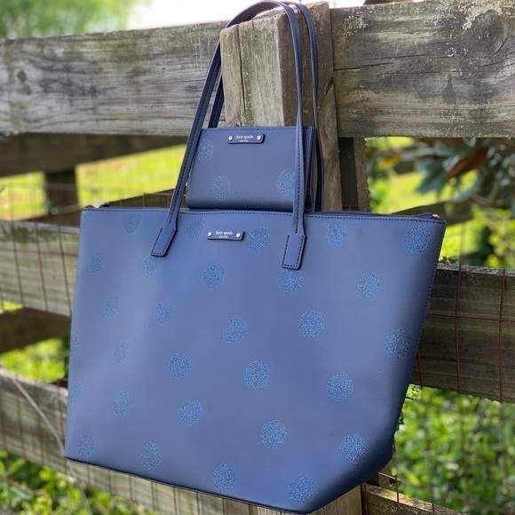 Kate Spade ♠️ Navy Blue Dot 🔵 Tote Bag Wallet Set - Picture 1 of 7